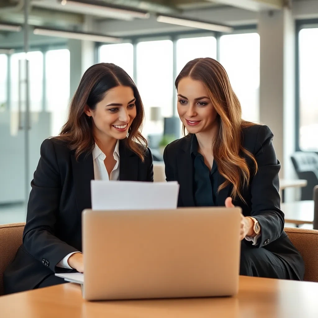 Two business women discussing work on a laptop in a modern office
