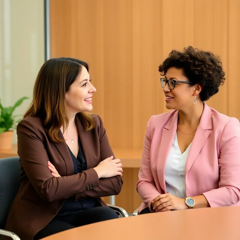 Two women talking at a table in an office with wood panel background